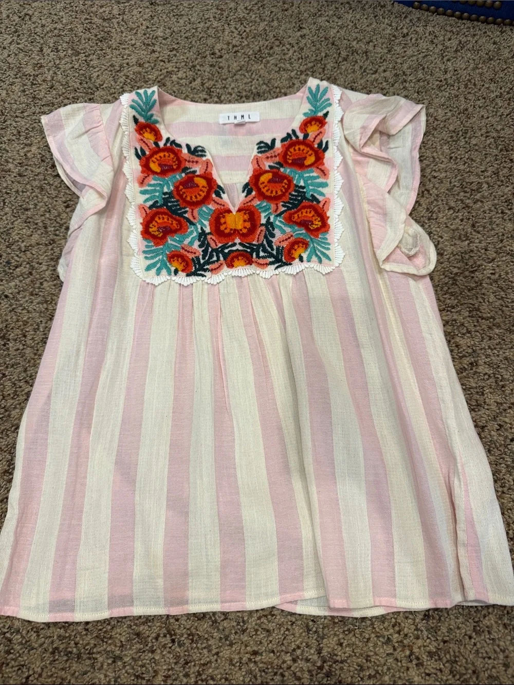 THML Pink and Cream Striped Short Sleeve Top with Embroidered Floral Yoke
